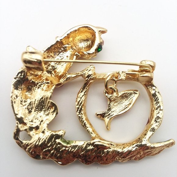 Brooch Cat Fish Bowl Rhinestone Pin Stylish Kitty Dangle Whimsical Gold Trendy - Picture 2 of 3